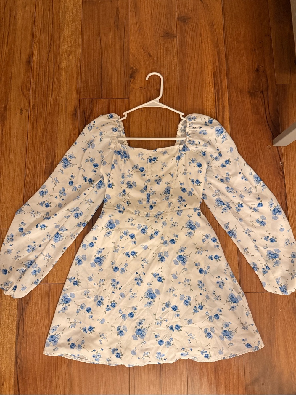 Hollister White Mini Dress with Blue Floral Print and Puff Long Sleeves